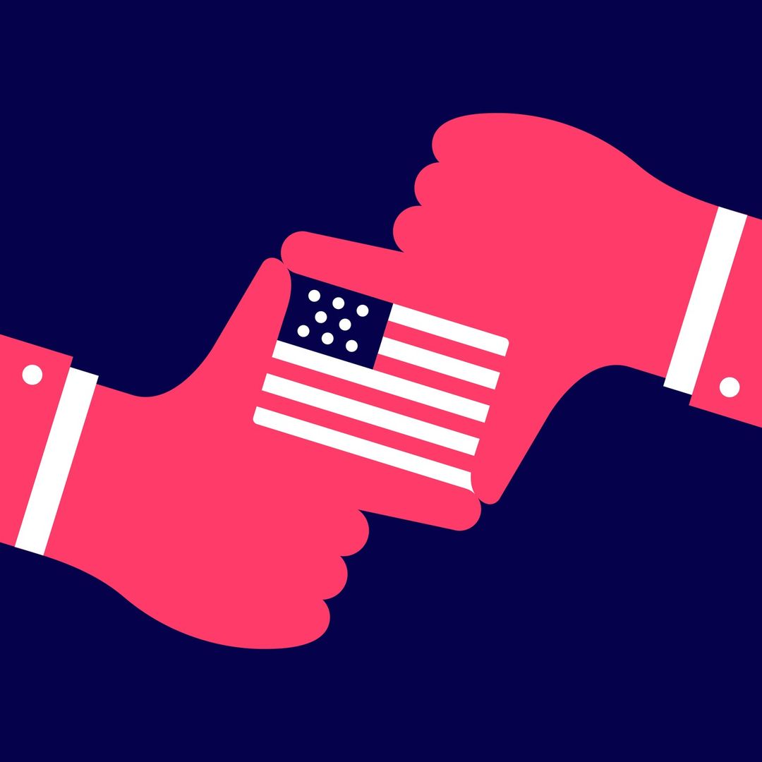 Graphic art illustration featuring two red hands framing a stylized American flag with white stripes and stars on a navy background.