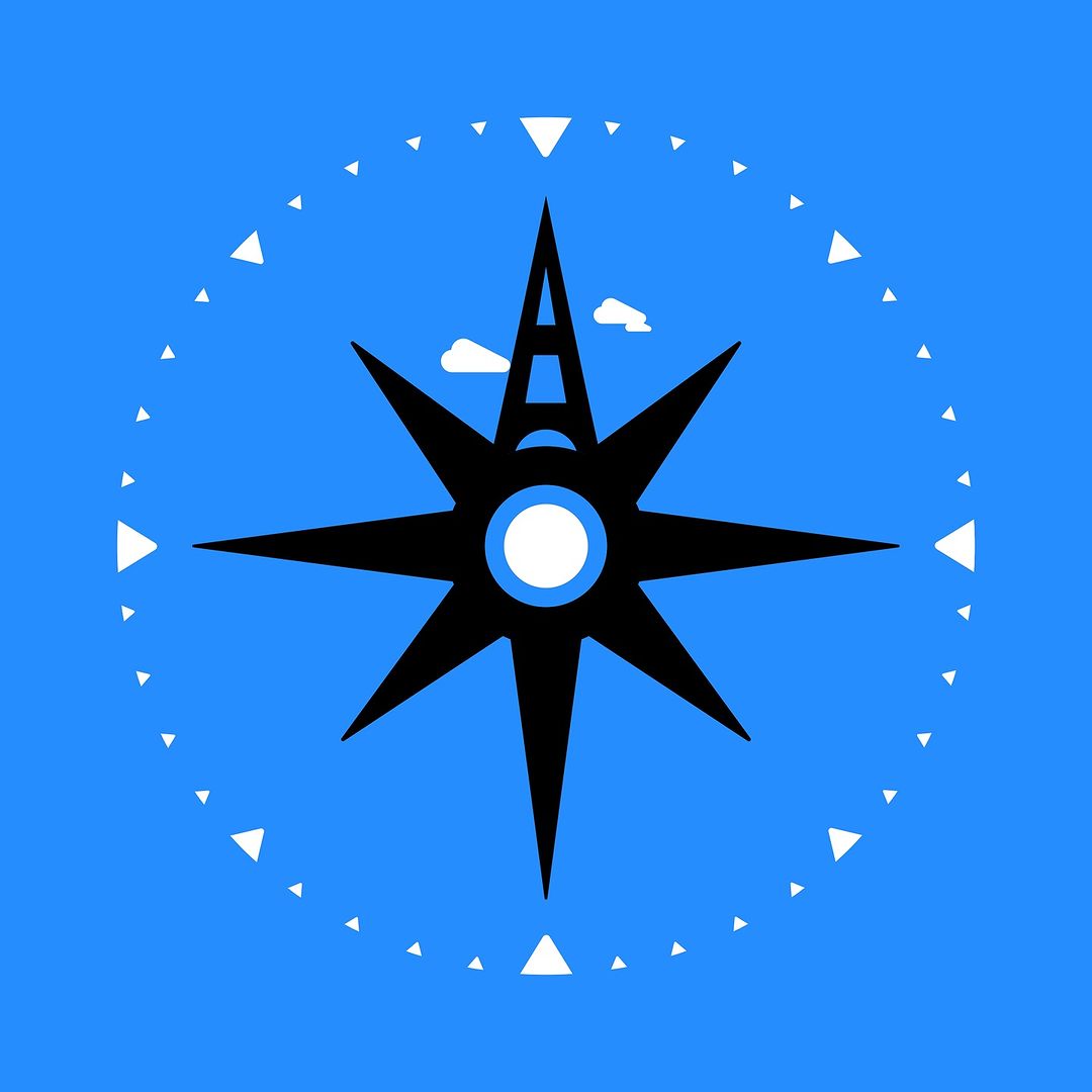 Stylized compass rose illustration in black with a white circle at the center and dotted border on a blue background with clouds.