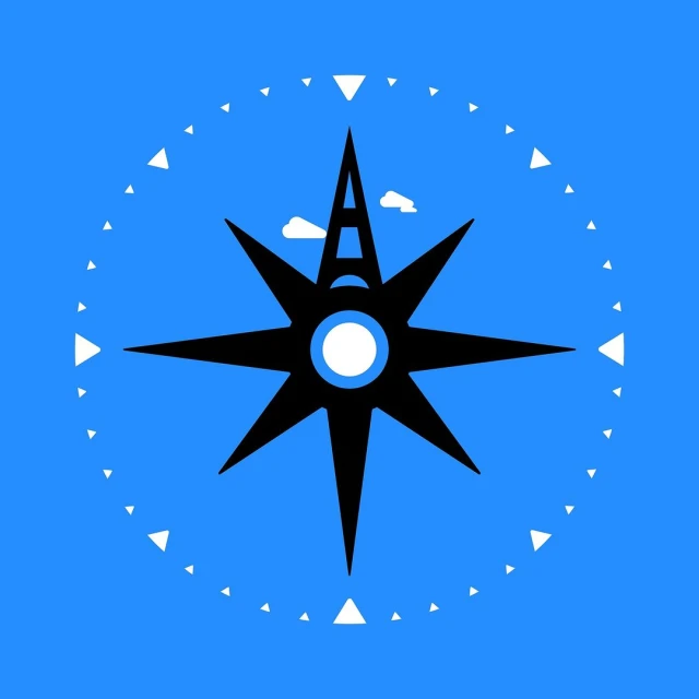 Stylized compass rose illustration in black with a white circle at the center and dotted border on a blue background with clouds.