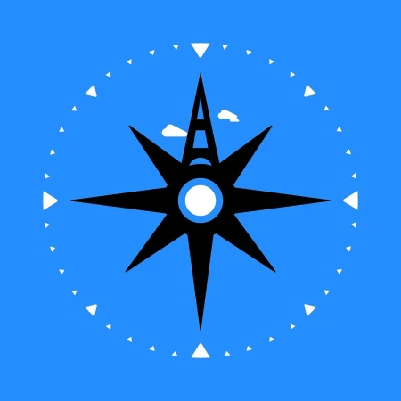 Stylized compass rose illustration in black with a white circle at the center and dotted border on a blue background with clouds.