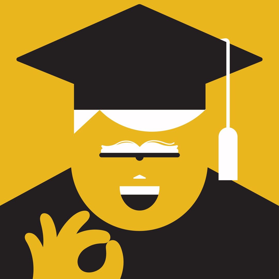 Graphic illustration of a graduate with mortarboard, book-glasses, and OK gesture in black, white, and yellow.