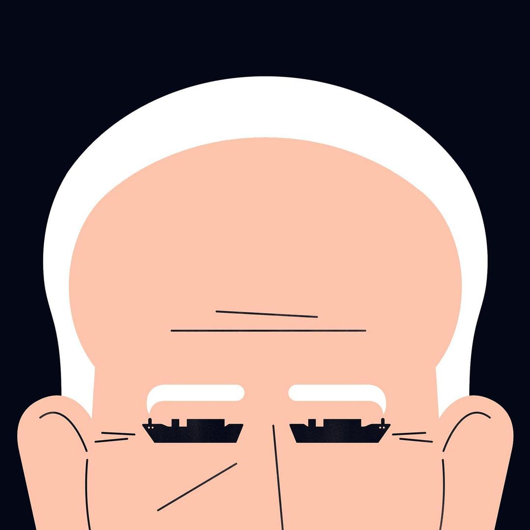 Illustration of a man's head with ships for eyes against a dark blue background in a simple, graphic art style.
