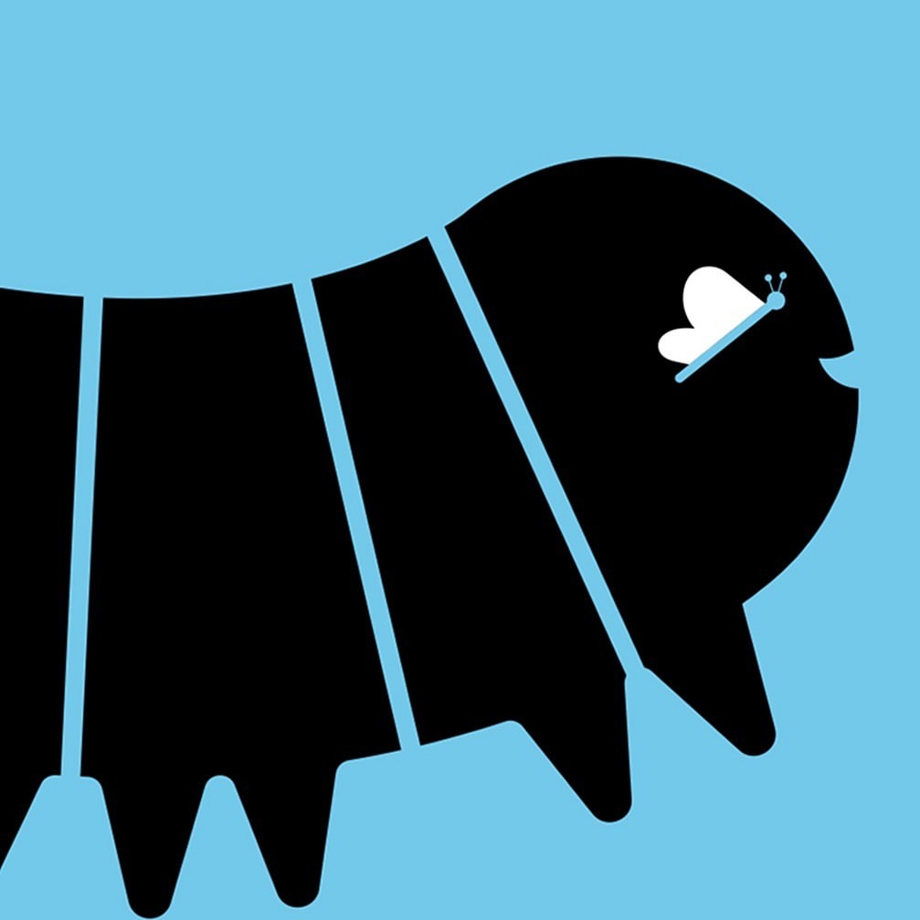 Stylized illustration of a caterpillar with a butterfly on its head, rendered in a flat, vector style against a light blue background.