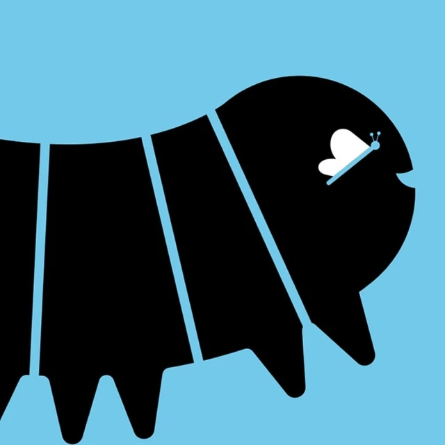 Stylized illustration of a caterpillar with a butterfly on its head, rendered in a flat, vector style against a light blue background.