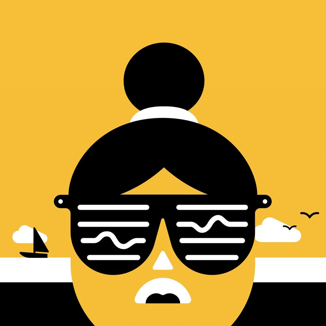 Illustration of a woman with sunglasses on a yellow background with ocean, boat and birds. Graphic art in black, white and yellow tones.