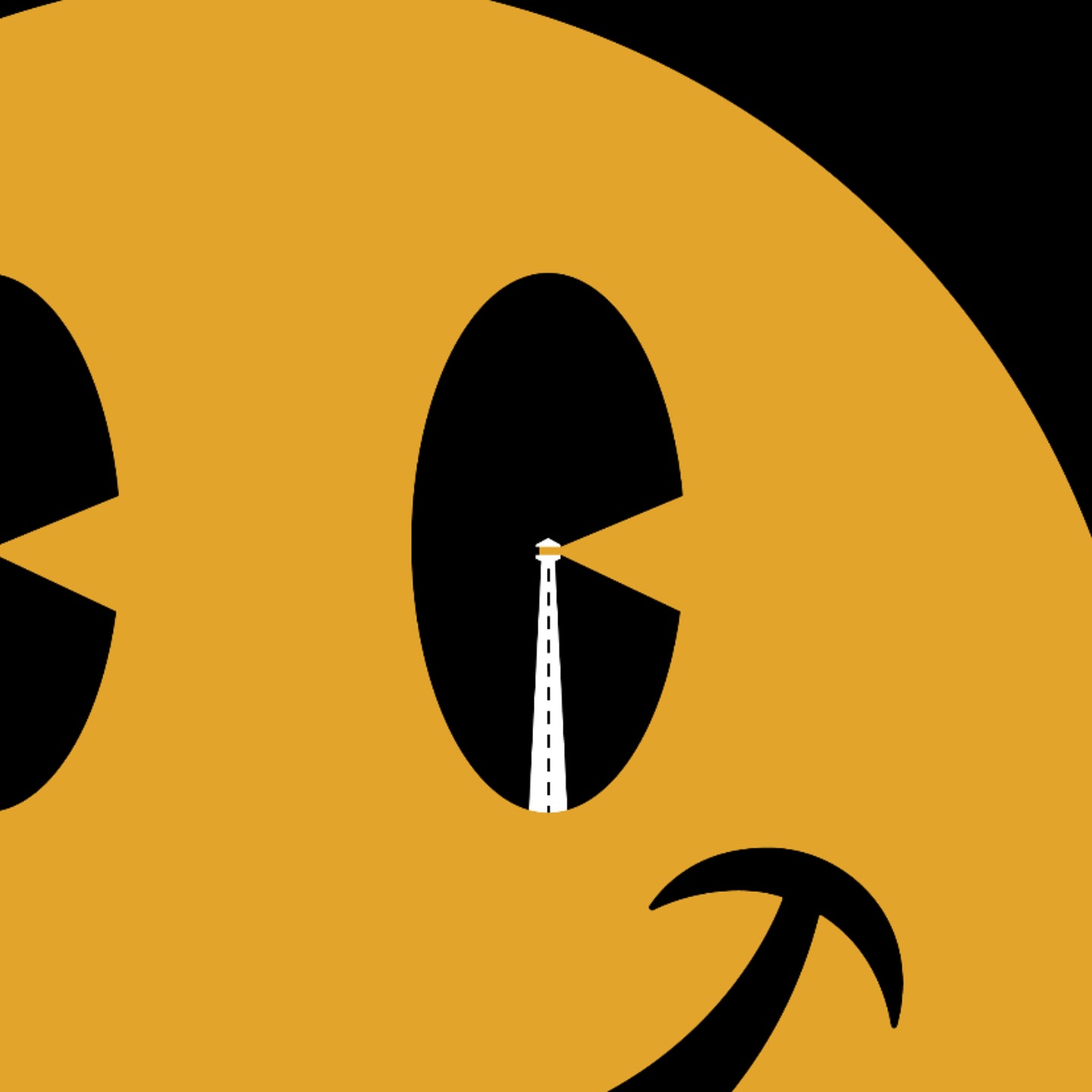 Stylized graphic design featuring a yellow smiley face with a lighthouse inside one eye on a solid black background.