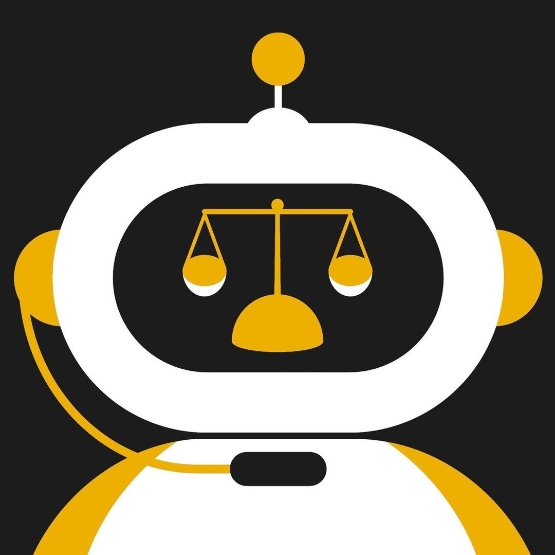 Illustration of a white and yellow robot head with scales of justice in its monitor screen, set against a black background.