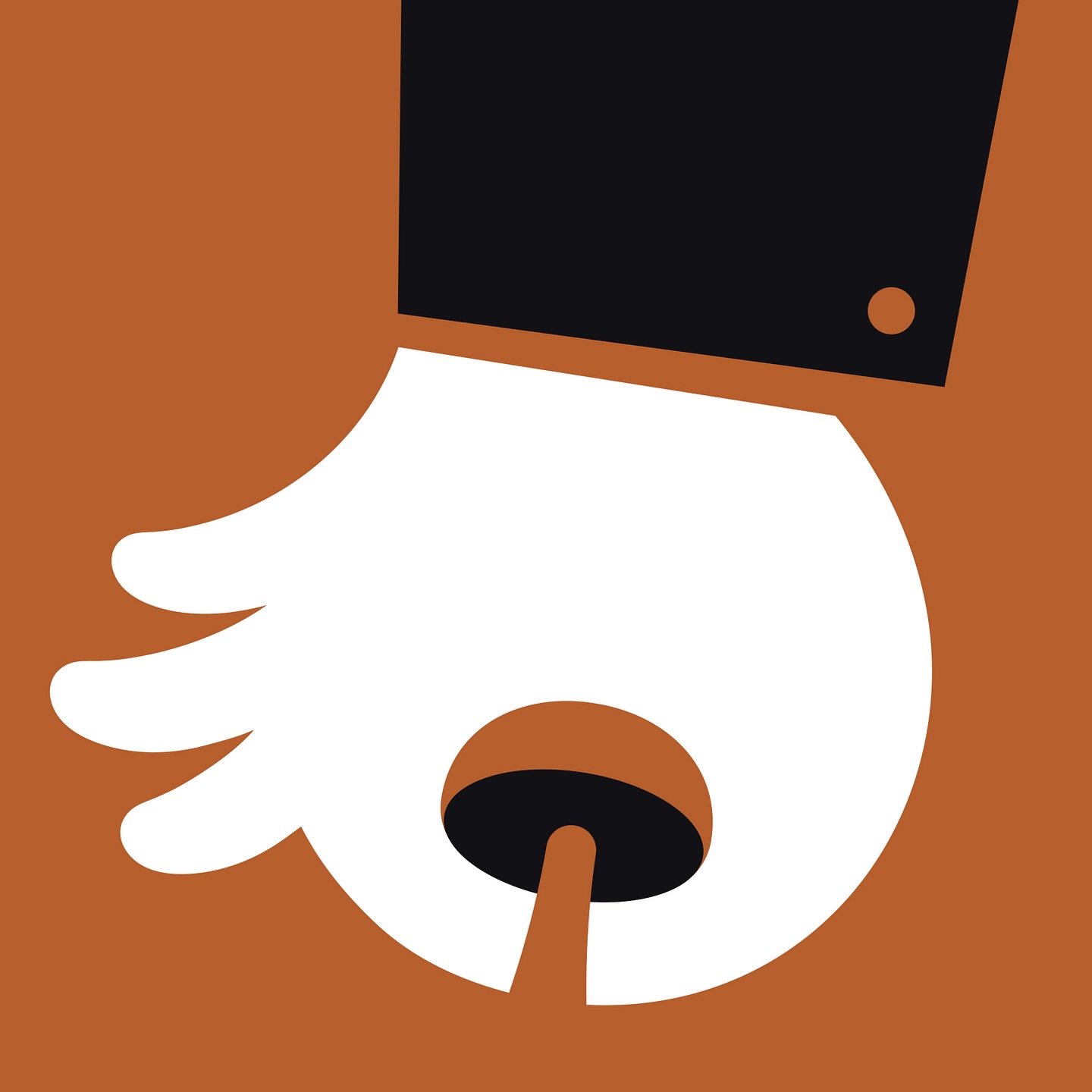 Stylized illustration of a white hand with a black suit sleeve pressing a black mushroom button on an orange background.