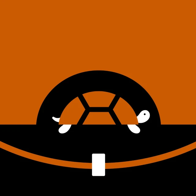 Stylized digital image of a turtle with a brown shell, white legs and head against an abstract background of black and brown.