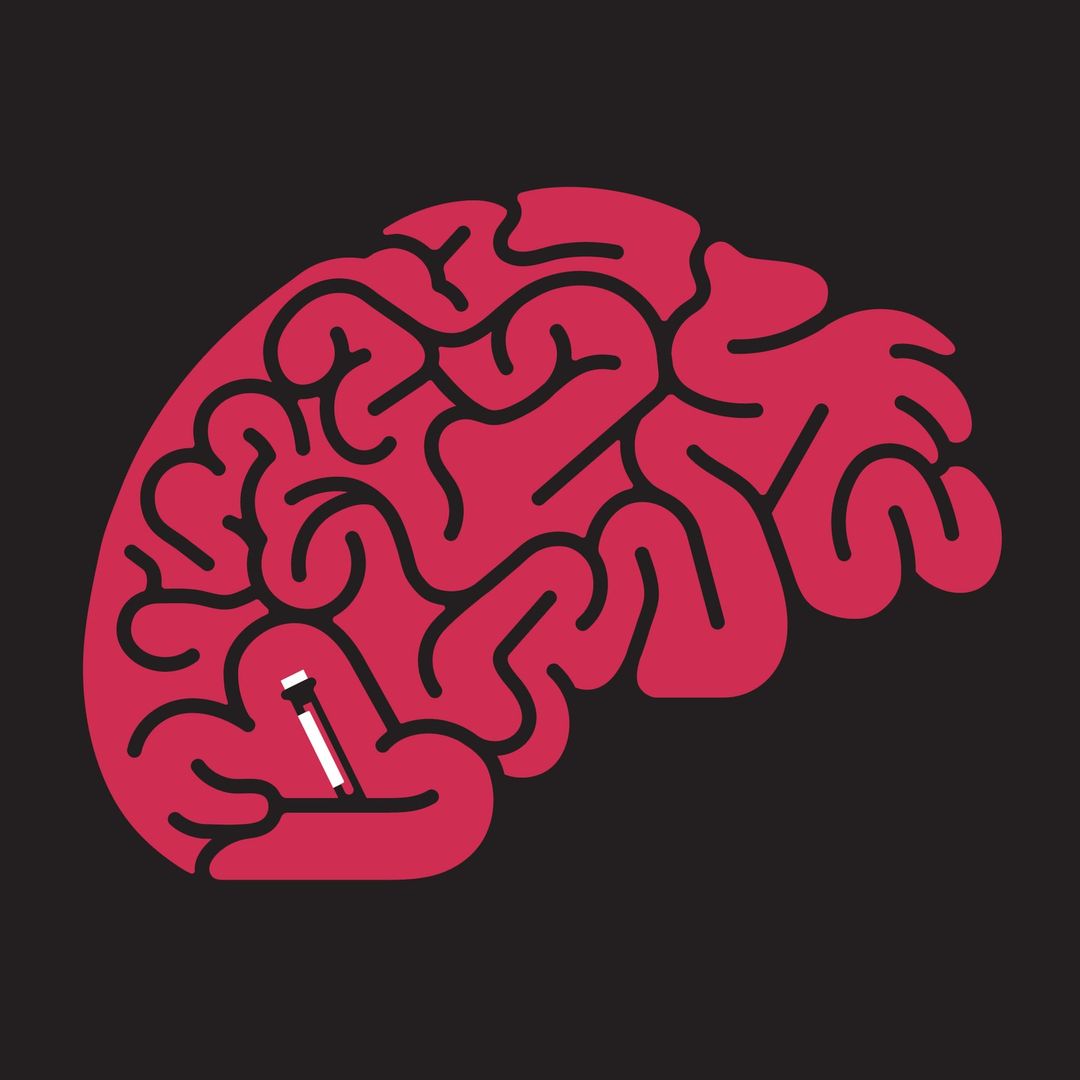 Stylized vector graphic illustration of a red brain with a white and black object inserted, set against a solid black background.
