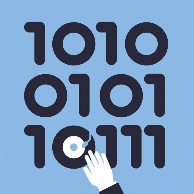 Digital illustration featuring binary code with a hand on a record player against a light blue backdrop for a technology graphic.