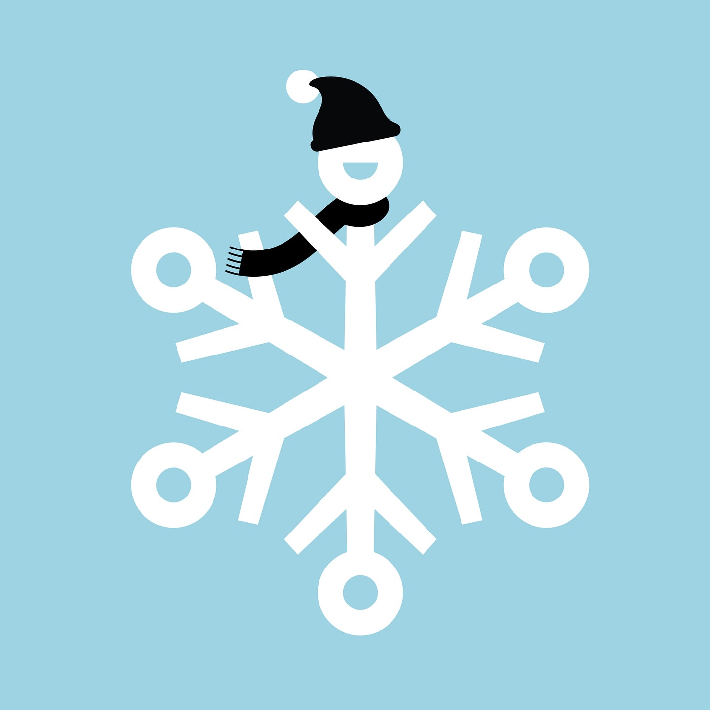 Illustration of white snowflake with a stick figure wearing a black hat and scarf on a light blue background for winter season.