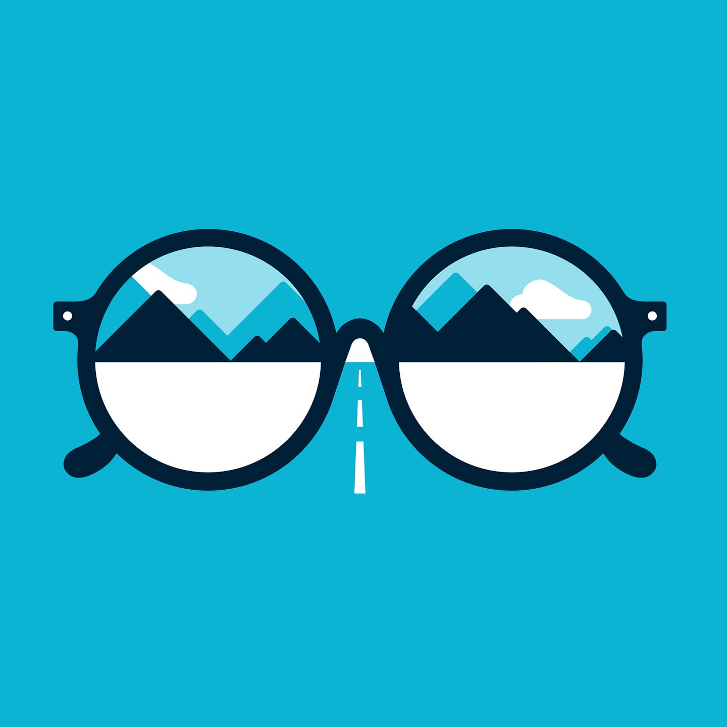 Illustration of sunglasses reflecting a mountain landscape with a road on a light blue background, graphic design.