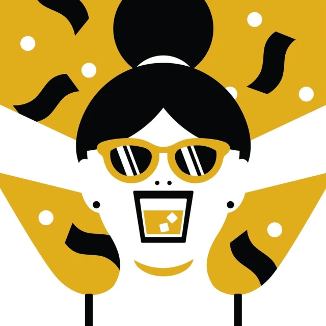 Abstract illustration of a woman with sunglasses and a drink, featuring confetti on a yellow background, created with a modern, bold style.