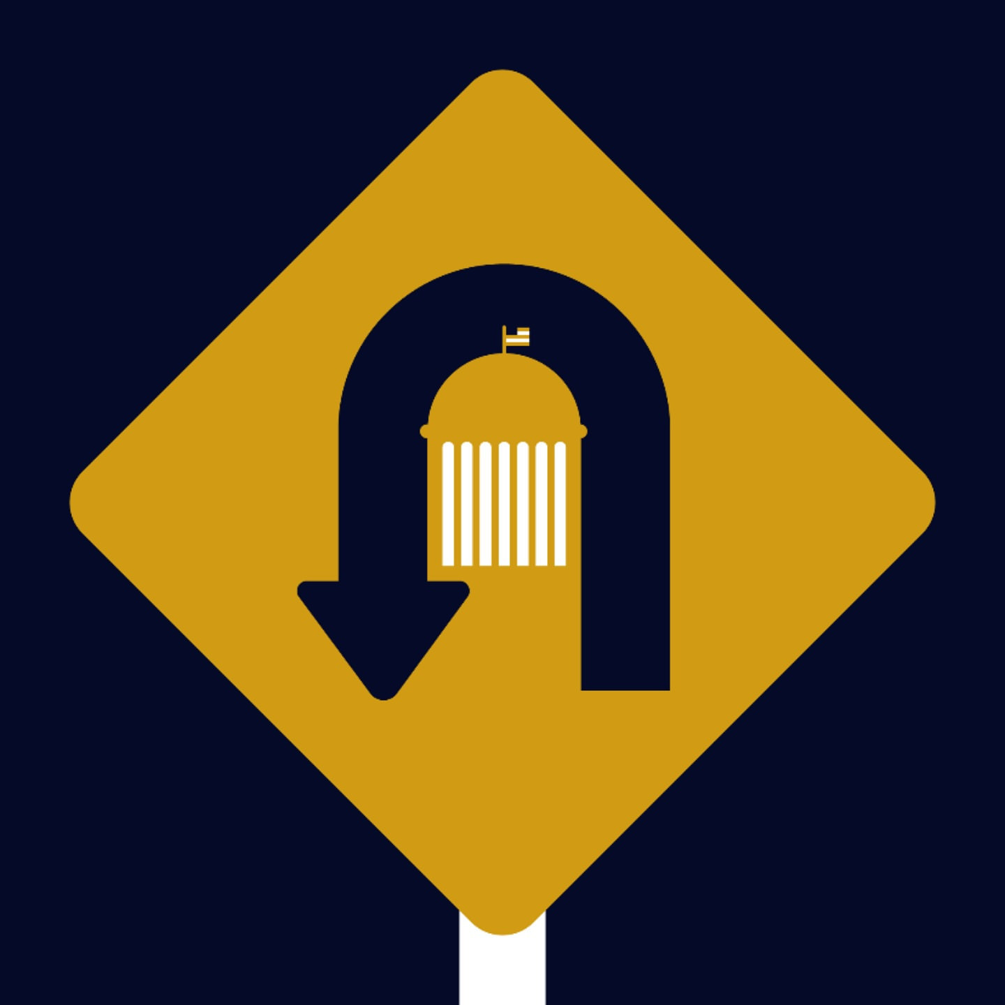 A graphic illustration of a yellow U-turn road sign with a white-columned building against a dark blue background.