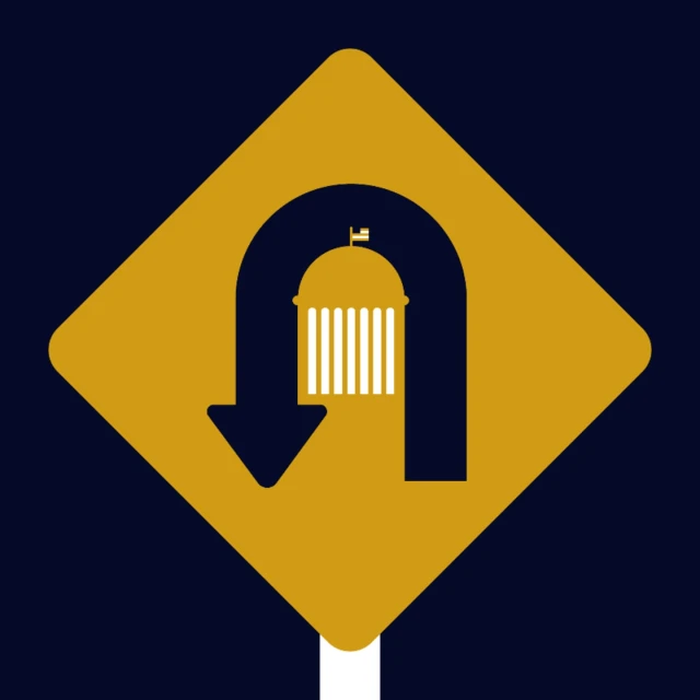 A graphic illustration of a yellow U-turn road sign with a white-columned building against a dark blue background.