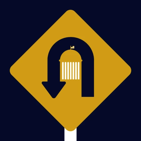 A graphic illustration of a yellow U-turn road sign with a white-columned building against a dark blue background.