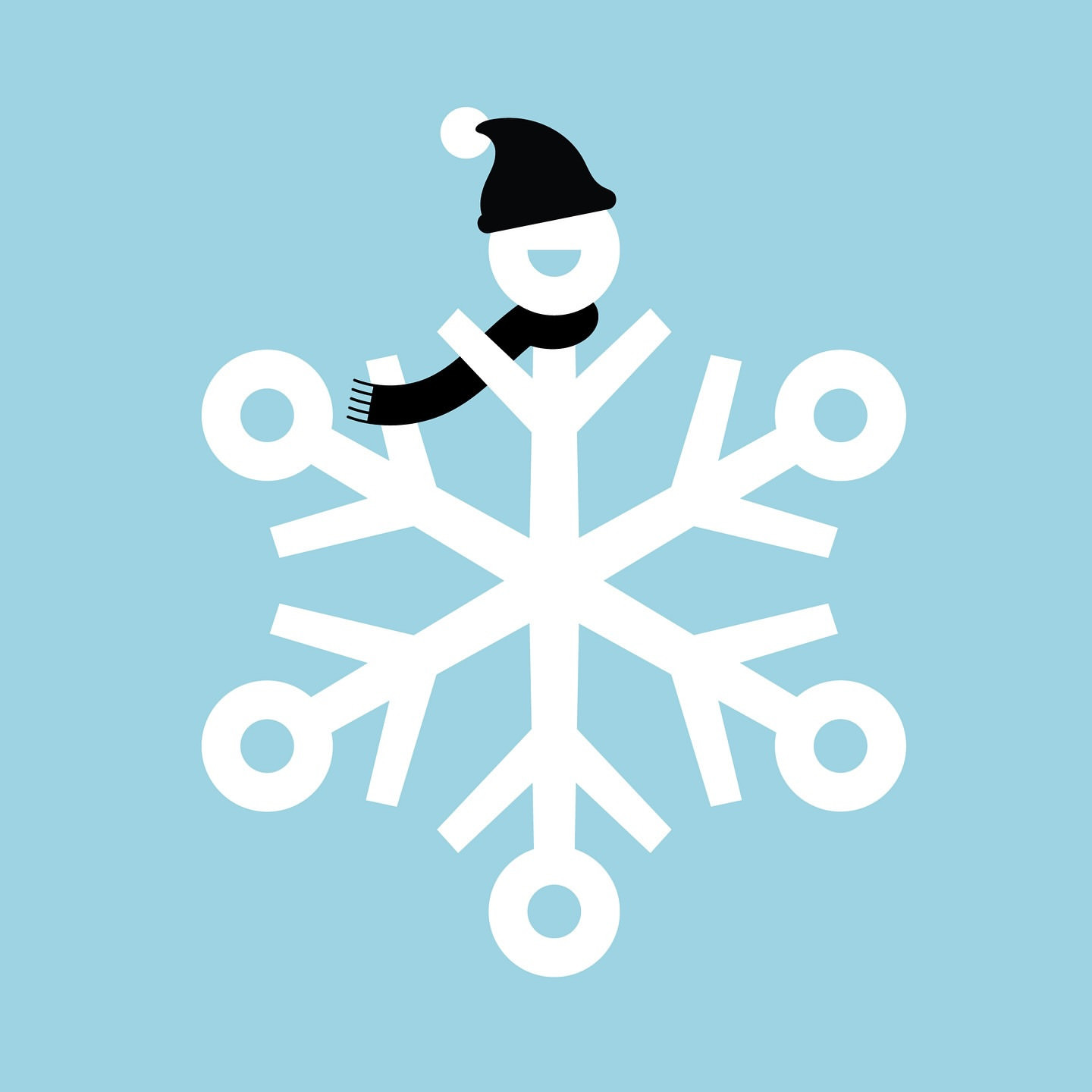 Snowflake with a smiling cartoon person wearing a hat and scarf on a light blue background in a minimalist vector art style.