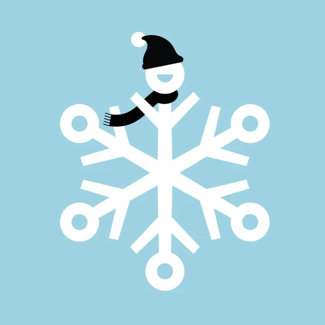 Snowflake with a smiling cartoon person wearing a hat and scarf on a light blue background in a minimalist vector art style.