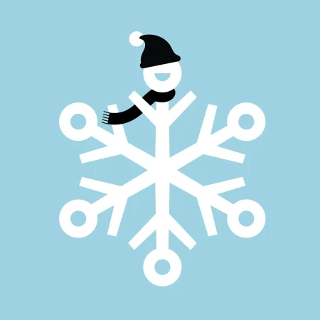 Snowflake with a smiling cartoon person wearing a hat and scarf on a light blue background in a minimalist vector art style.