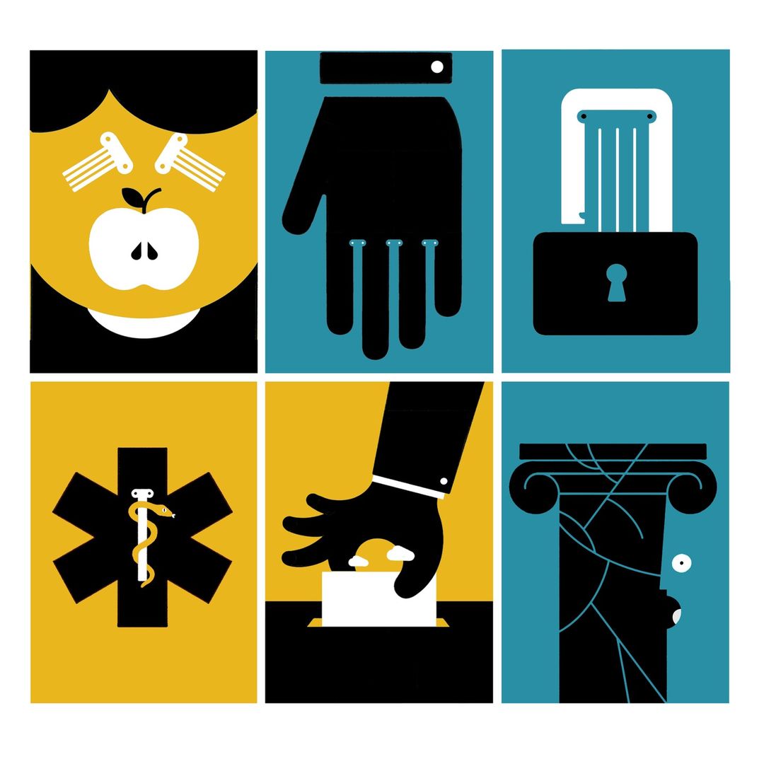 Graphic art poster with geometric shapes & symbols: hand, lock, medical emblem, voting, column, stylized face, against blue & yellow.