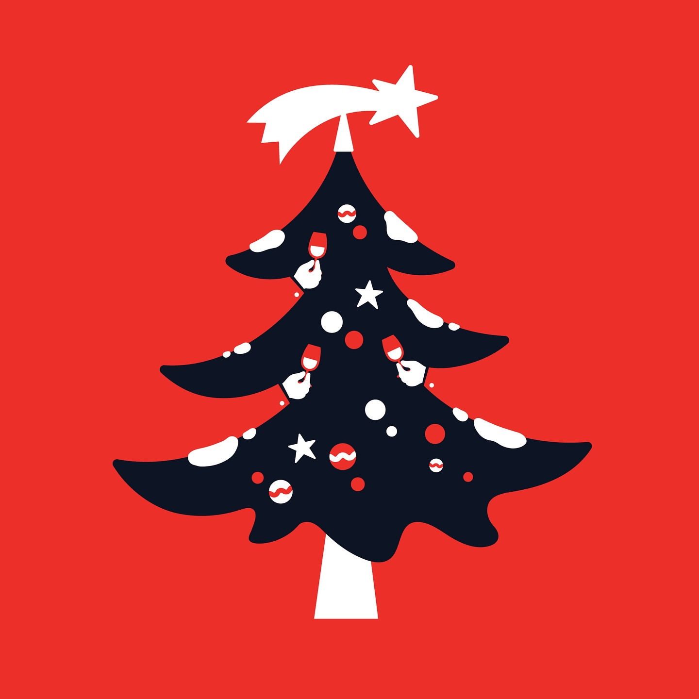 Festive holiday illustration of a Christmas tree decorated with ornaments and topped with a star against a red background.