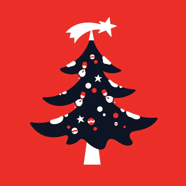 Festive holiday illustration of a Christmas tree decorated with ornaments and topped with a star against a red background.