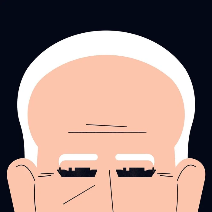 Digital illustration of an older man's forehead and eyes with ships replacing his closed eyes against a dark background
