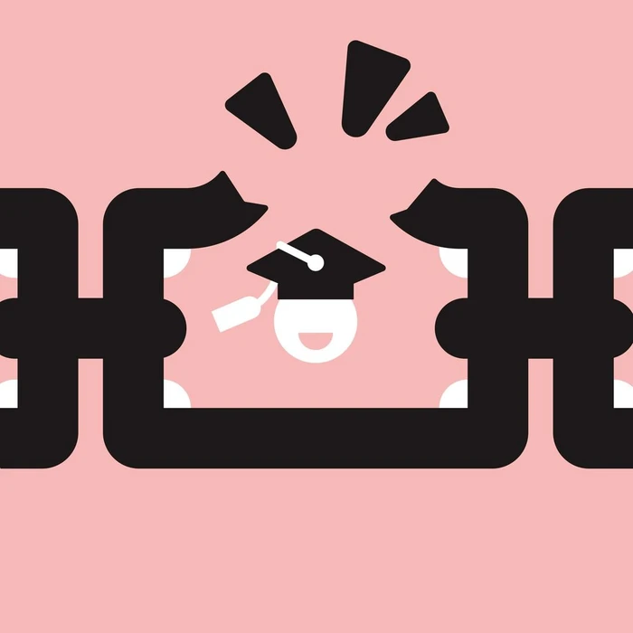Digital illustration of broken chain links framing a graduation cap icon on a pink background by Giulio Bonasera