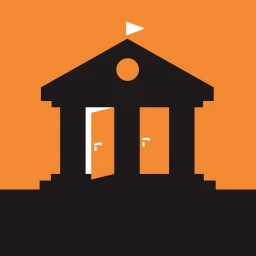 Digital illustration of a black silhouette of a classical building with two doors open against an orange background