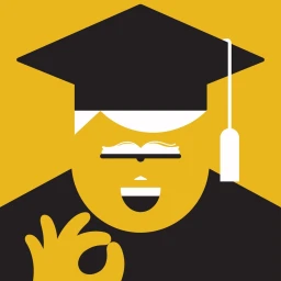 Digital illustration of a graduate wearing a mortarboard hat with an open book as glasses and giving an ok hand sign against a yellow background.