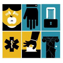Digital illustration featuring six multi-panel editorial vector graphics with bold shapes, hands, architectural elements, and symbols.