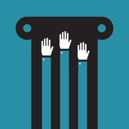 Digital illustration of three white hands raised upward against a dark architectural column and teal background by Giulio Bonasera