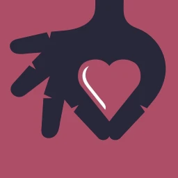 Digital illustration of a stylized dark hand shaping a red heart outline against a dusty rose background