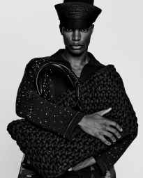 Black and white studio portrait of a model wearing a structured hat and dark patterned top, holding a large woven handbag.