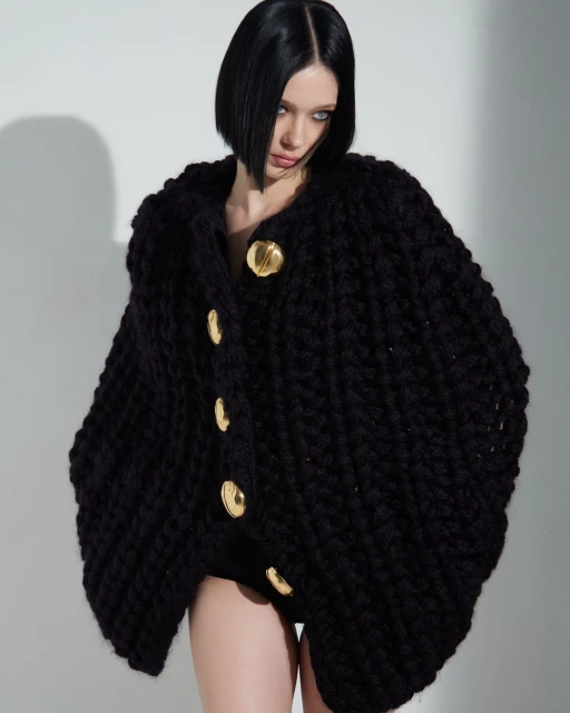 Woman in a chunky black knit cardigan with gold buttons poses against a neutral background in a studio setting. Fashion photography.