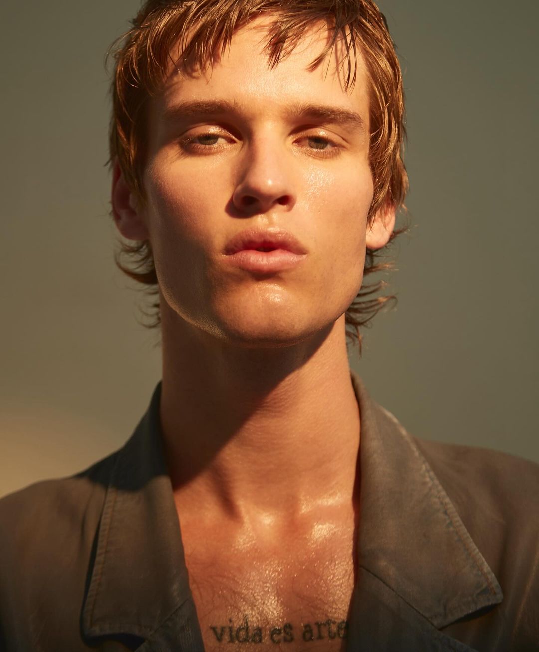 Close-up shot of a young adult male with light brown hair, wearing a grey collared shirt and featuring a tattoo on his chest, warmly lit.