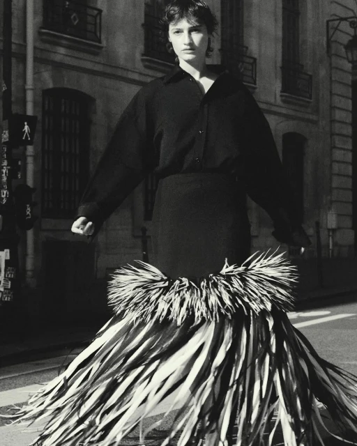 Monochrome fashion shot of an adult woman in dark shirt and statement skirt made of fronds on a city street with stone buildings.