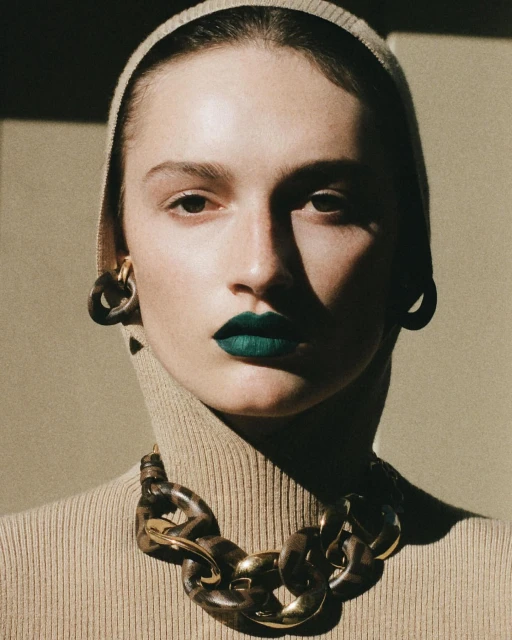 Portrait of a woman with green lipstick wearing a tan turtleneck, head covering, and brown and gold jewelry in a studio setting.