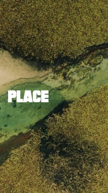 Aerial view of a river flowing through a grassy landscape with the word 'PLACE' overlaid in white text. The scene is captured in vertical format.