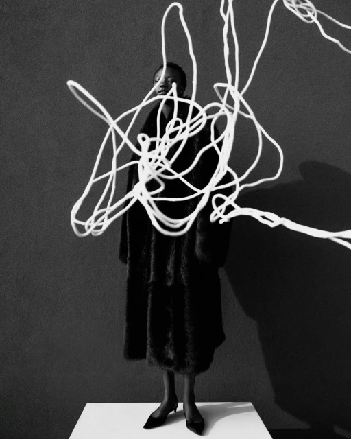 Portrait of a Black woman in a fur coat standing on a pedestal surrounded by white string against a grey backdrop in black and white.