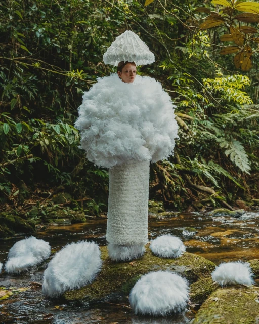 Person dressed in a white mushroom costume stands in a lush green forest next to a stream in a surreal, whimsical portrait. 