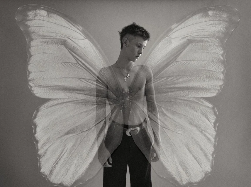 Portrait of a shirtless adult male with a cross necklace, looking down, set against large superimposed butterfly wings in a studio setting.