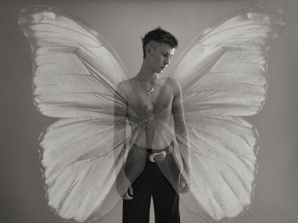 Portrait of a shirtless adult male with a cross necklace, looking down, set against large superimposed butterfly wings in a studio setting.
