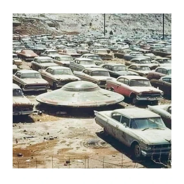 Outdoor scene featuring a parked UFO amid a vast collection of old cars in a weathered parking lot with a hillside in the background.