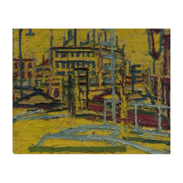 Impressionist painting of an urban landscape featuring buildings, streets, and indistinct structures in a palette of yellows, blues, and reds.