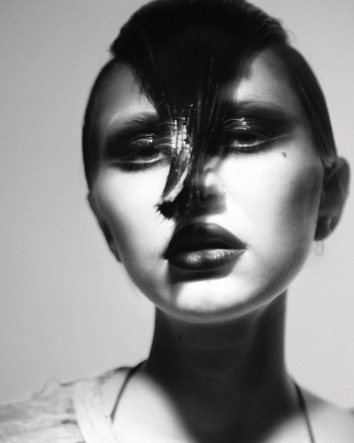 Monochrome close-up portrait of a woman with stylized dark hair and bold makeup against a neutral background in a photo studio.