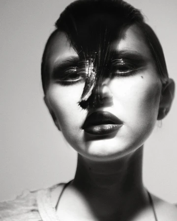 Monochrome close-up portrait of a woman with stylized dark hair and bold makeup against a neutral background in a photo studio.
