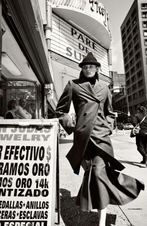 Fashionable woman in a coat and hat stands on a city street with a jewellery shop and theatre visible in black and white.