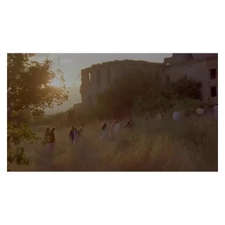 Large group of people walking in a field near an old castle at sunset, bathed in golden light with trees and tall grass.